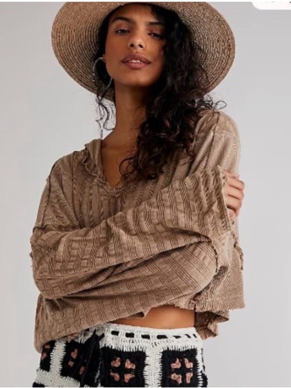 Free People We The Free Aries Hoodie Taupe Hooded Thermal Patchwork Cropped Top